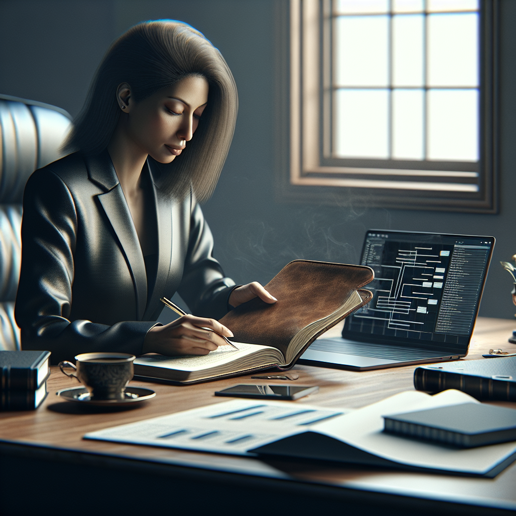 Law firm partner writing a digital transformation strategic plan at a desk with a laptop showing a project timeline