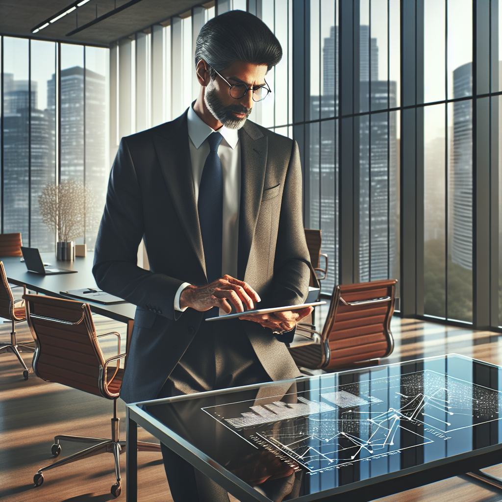 Senior attorney reviewing a digital transformation strategy plan on a tablet in a modern law firm office